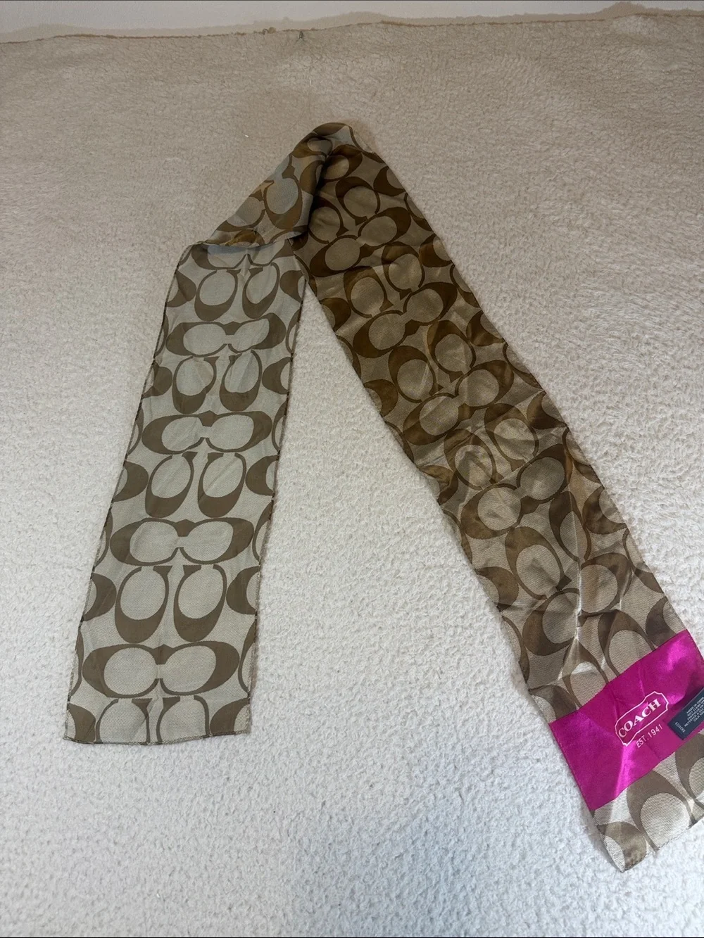 Coach Khaki and Hot Pink Signature Silk Scarf. 576